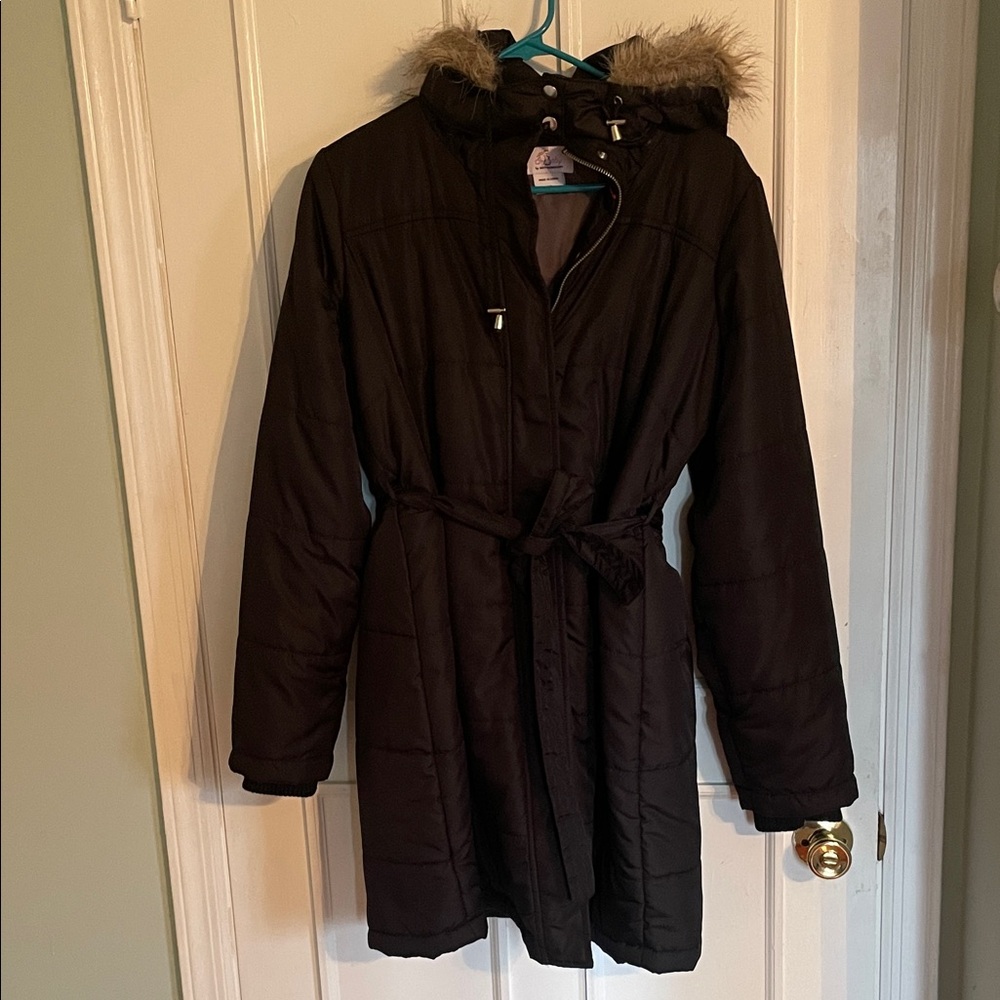 Motherhood Black Coat with Fur Trim